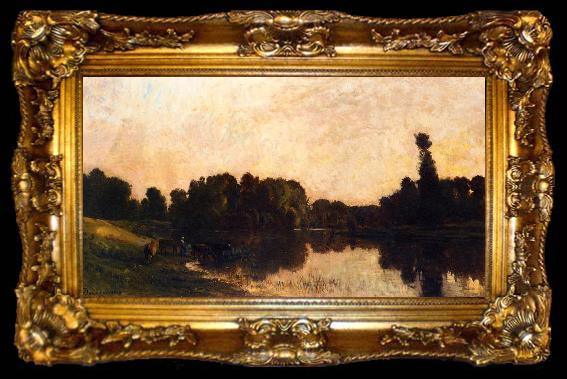 framed  Charles-Francois Daubigny Daybreak, Oise Ile de Vaux, ta009-2